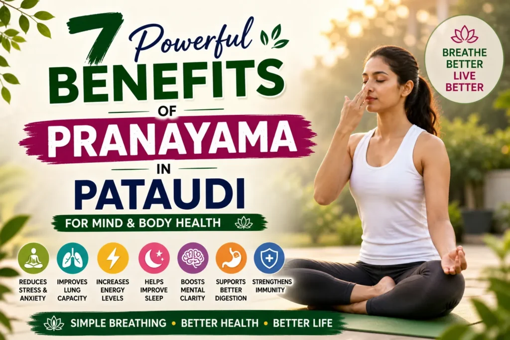 Benefits of pranayama in Pataudi woman practicing breathing exercises