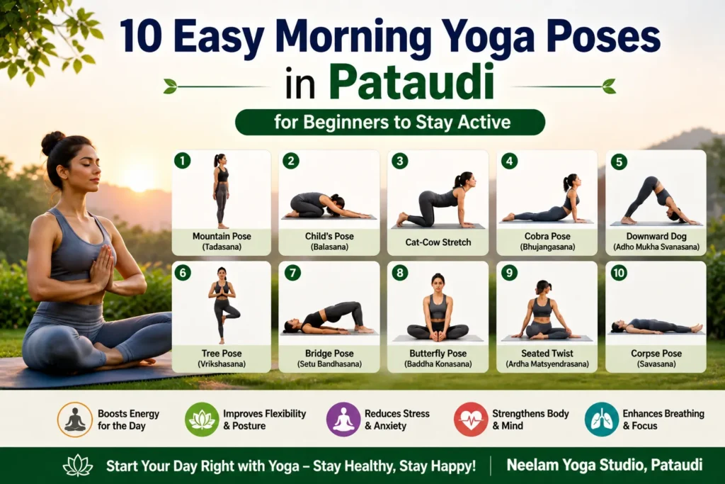 Morning yoga poses in Pataudi beginners practicing yoga outdoors